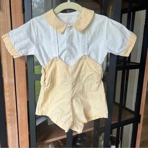 Vintage Feltman Bros baby boy outfit shortall short sleeve yellow collar buttons